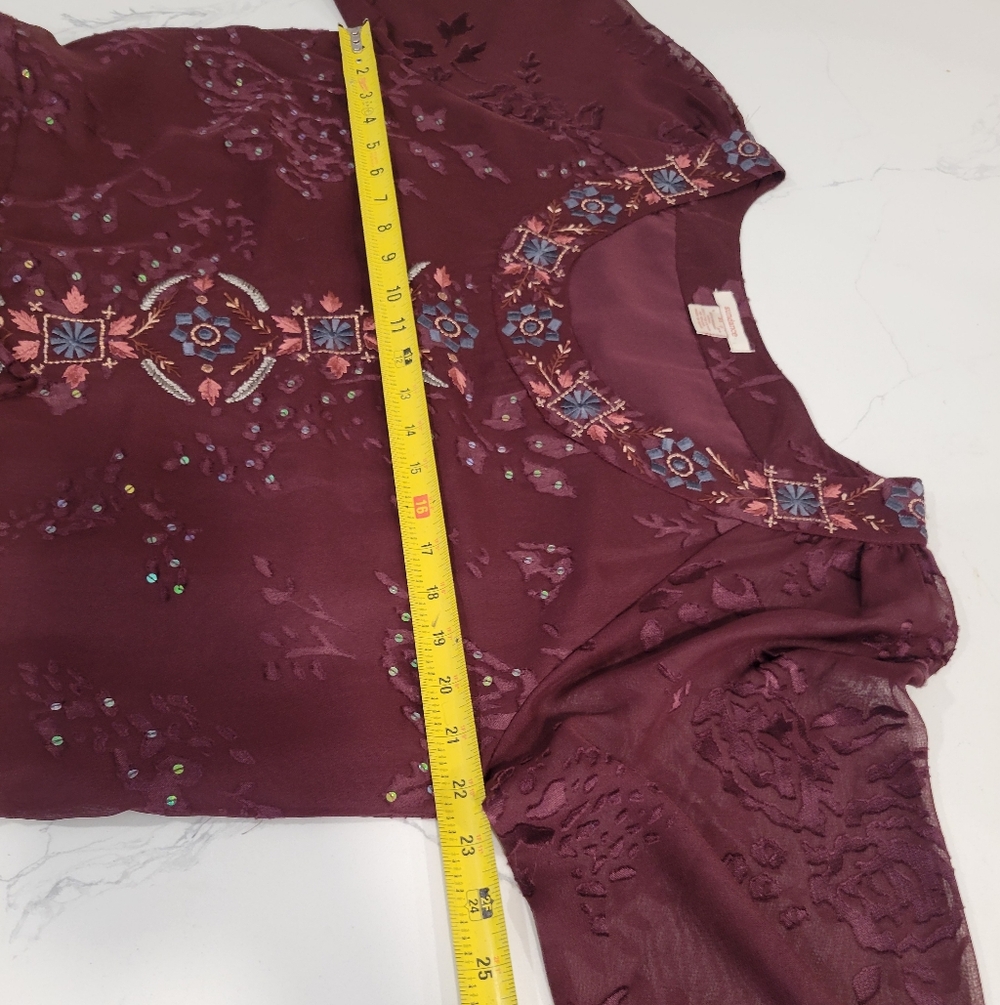 Sundance Burgandy Burnt Velvet Embroidered Sequence Tunic Blouse Size XL - Picture 6 of 8